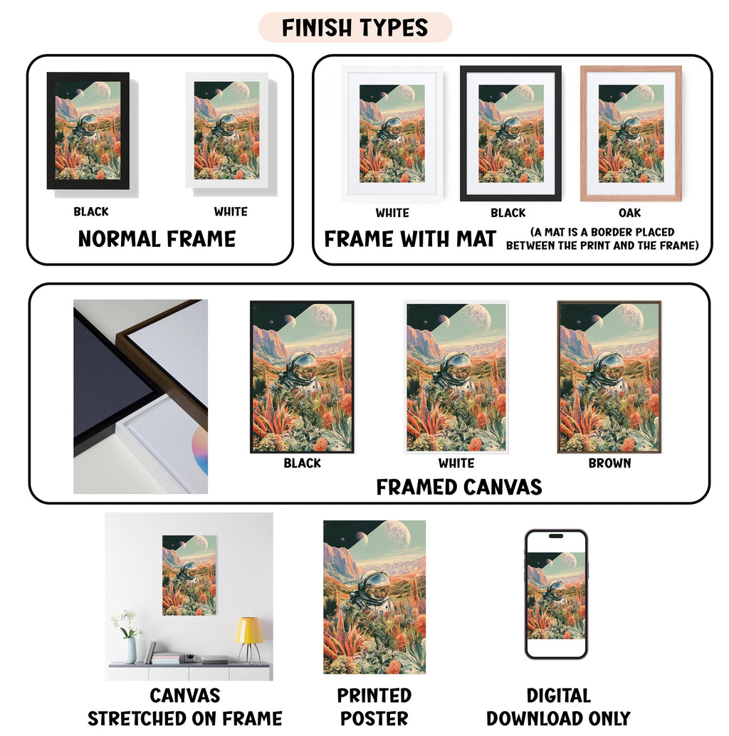 various types of artwork, including framed prints, canvas prints, and digital prints, each with different finishes and mat colors.