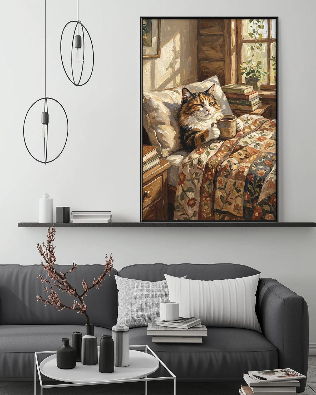 a cozy living room with a large painting of a cat resting on a bed, surrounded by books and a potted plant. The painting is hanging on the wall above a gray couch, which is adorned with a coffee table and various decorative items.