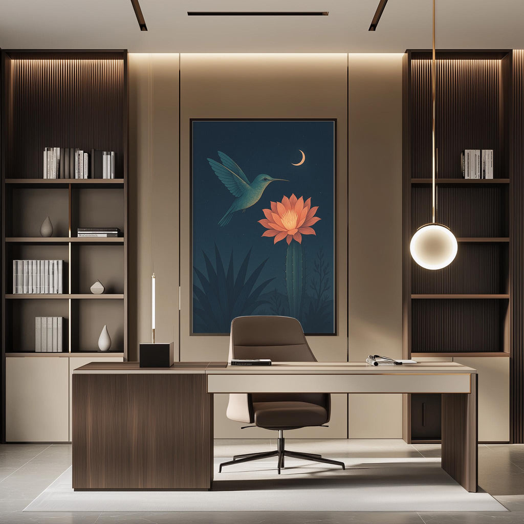 a modern and stylish home office with a large framed artwork of a hummingbird and a cactus on the wall. The office features a wooden desk, a comfortable chair, and a pendant light above the desk. The room has a minimalist and sophisticated design, with a focus on natural elements and clean lines.