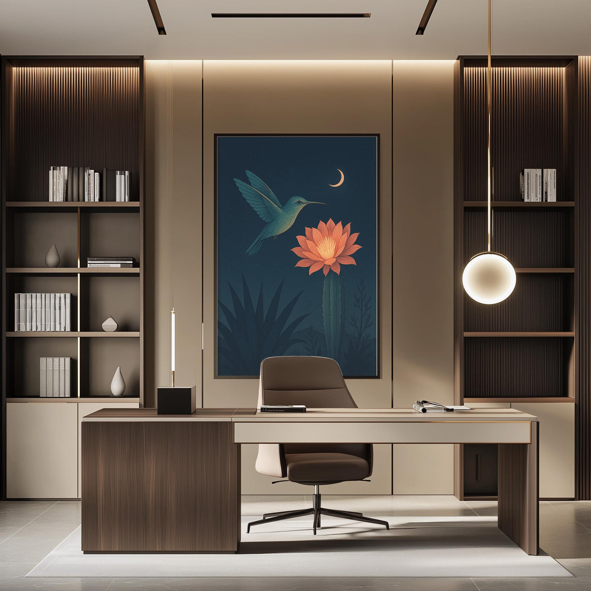 a modern and stylish home office with a large framed artwork of a hummingbird and a cactus on the wall. The office features a wooden desk, a comfortable chair, and a pendant light above the desk. The room has a minimalist and sophisticated design, with a focus on natural elements and clean lines.