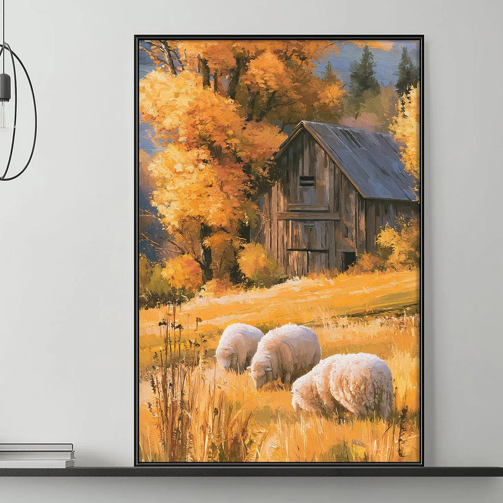a cozy living room with a gray sofa, a coffee table, and a large painting of a barn and sheep in a field. The painting is hanging on the wall above the sofa, creating a warm and inviting atmosphere.