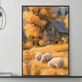 a cozy living room with a gray sofa, a coffee table, and a large painting of a barn and sheep in a field. The painting is hanging on the wall above the sofa, creating a warm and inviting atmosphere.