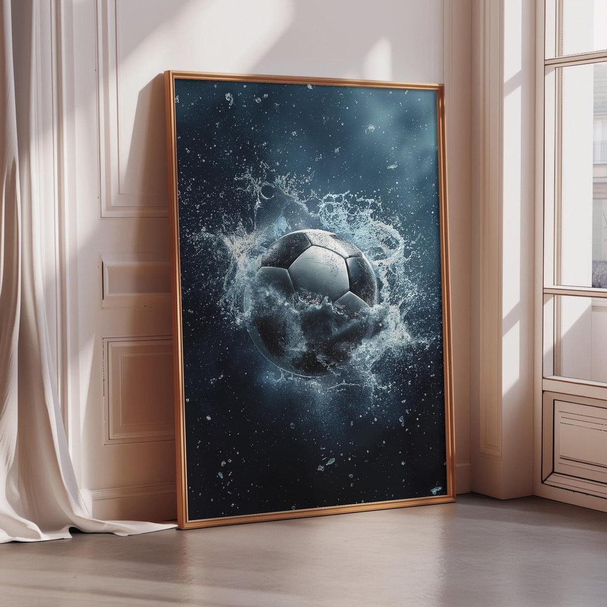 A framed poster depicting a soccer ball surrounded by splashing water, creating a dynamic and energetic scene.