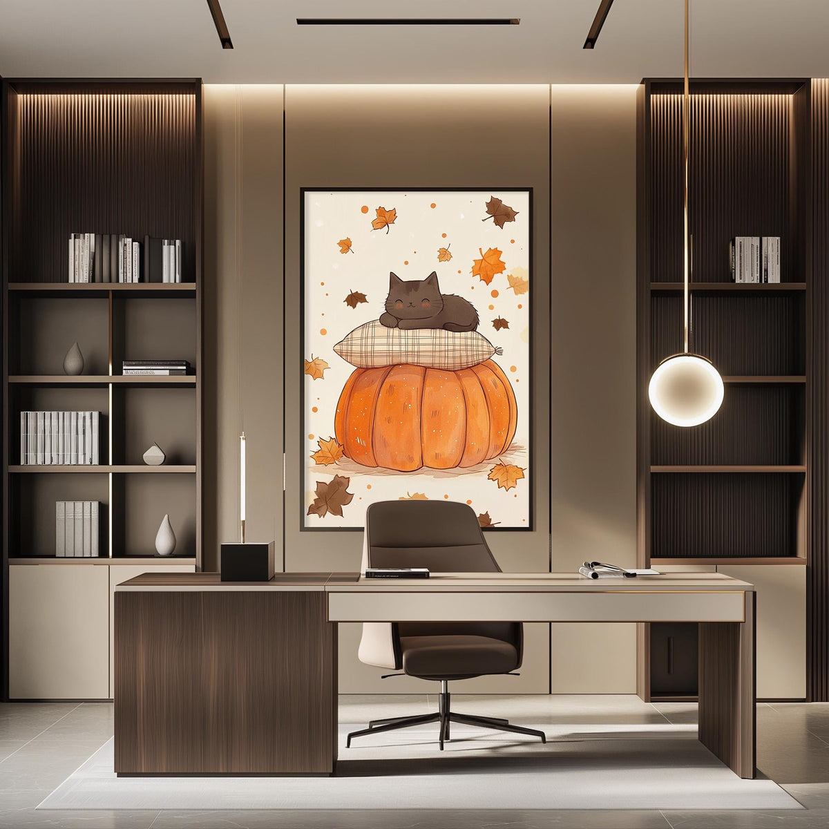 a modern office space with a large pumpkin-themed artwork hanging on the wall. The office features a wooden desk, a comfortable chair, and a bookshelf filled with books.