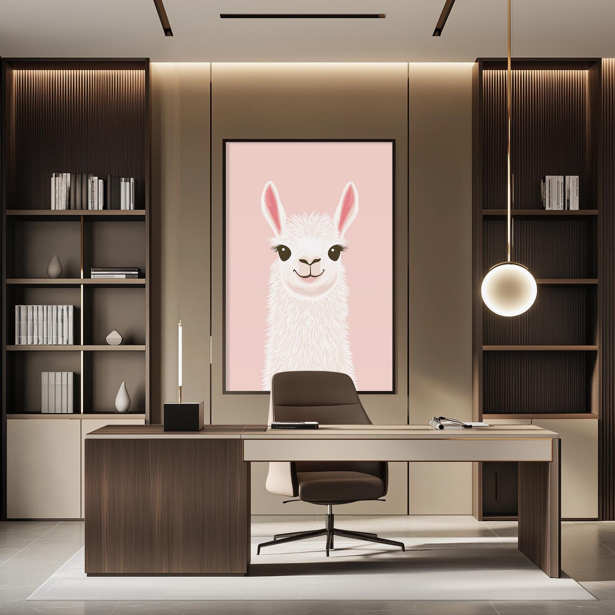 a modern office space with a large framed picture of a llama on the wall. The office has a wooden desk, a chair, and a bookshelf filled with books. The overall design and decor create a professional and stylish atmosphere.