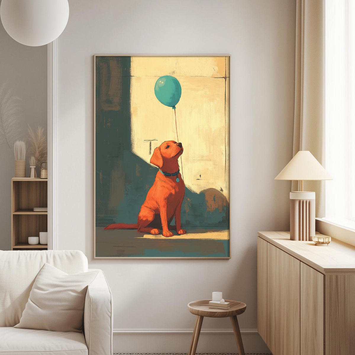 a cozy living room with a large painting of a dog sitting on a windowsill, holding a green balloon in its mouth.
