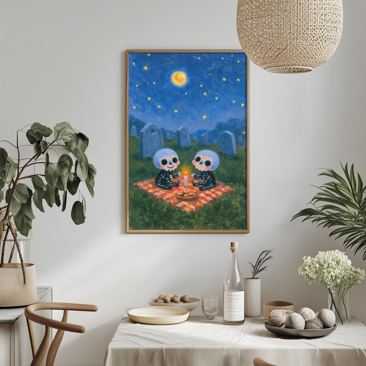 a cozy scene with two cartoon-like figures sitting on a blanket in a grassy field, surrounded by a night sky with stars and a full moon.