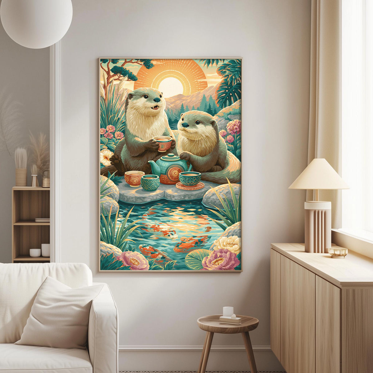 a large painting of two otters sitting by a pond, surrounded by a lush, colorful landscape with flowers, plants, and a sunset.