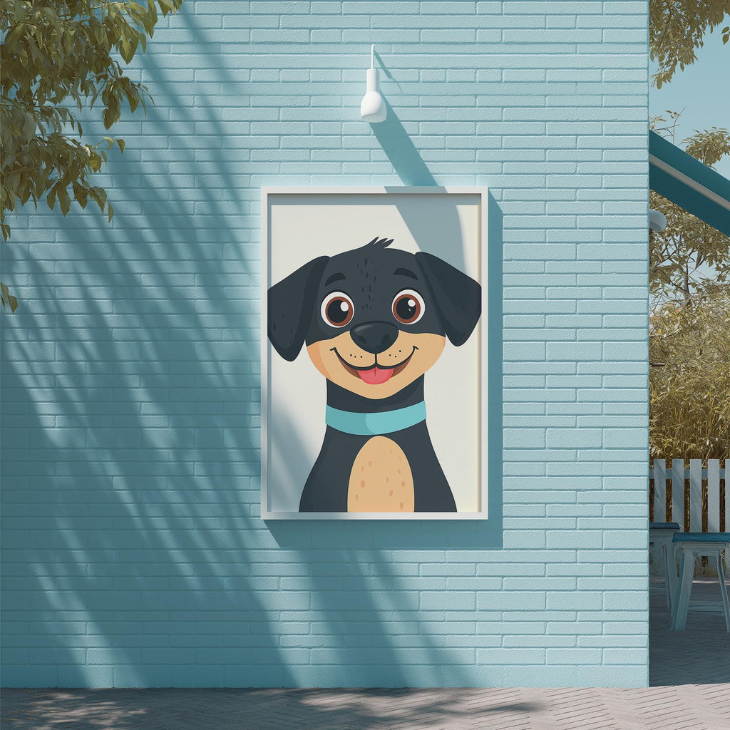 A framed illustration of a smiling dog is displayed on a light blue brick wall.