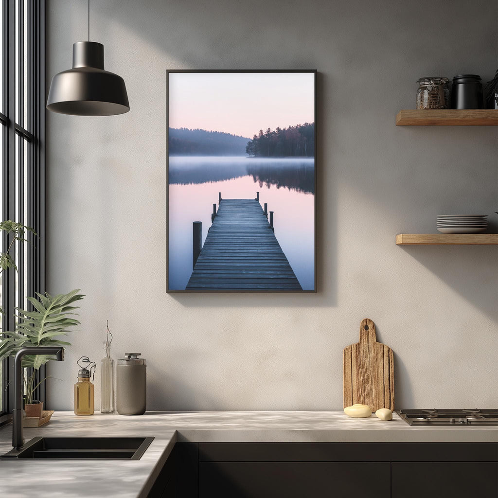 a serene scene of a wooden dock extending into a calm lake, with a peaceful sunset in the background.