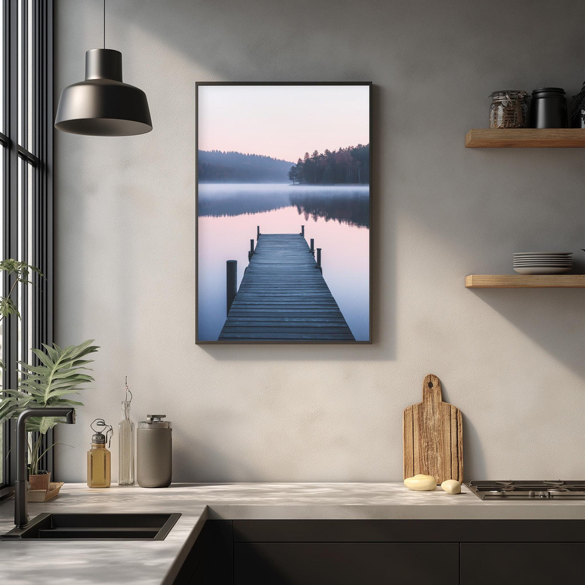 a serene scene of a wooden dock extending into a calm lake, with a peaceful sunset in the background.