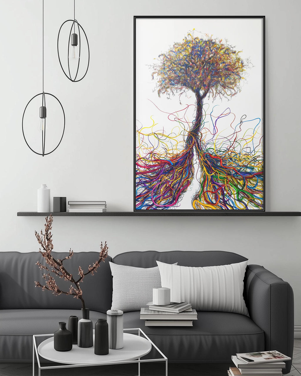 a modern living room with a gray sofa, a coffee table, and a large abstract painting of a tree with colorful, swirling roots hanging above the sofa.