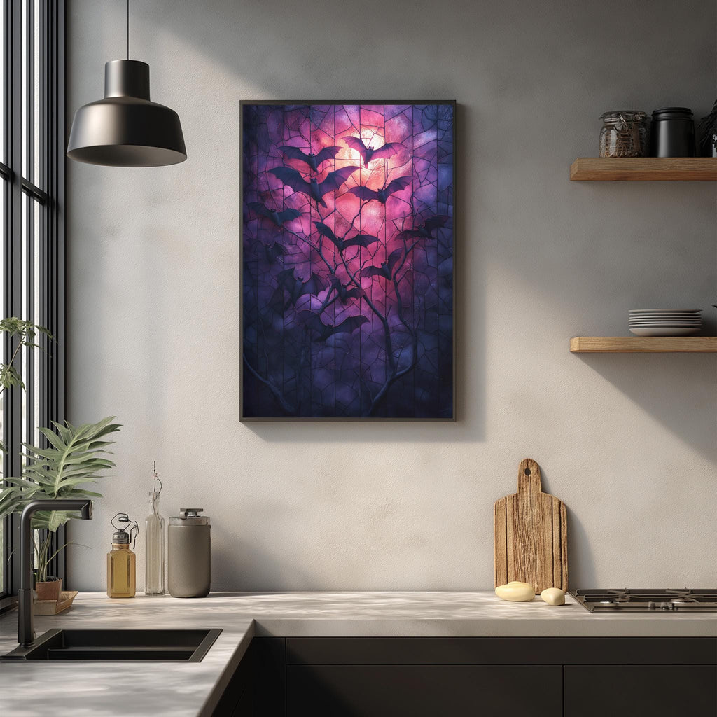 a kitchen counter with a framed painting of bats and a plant on it. The painting is hanging on the wall above the counter.