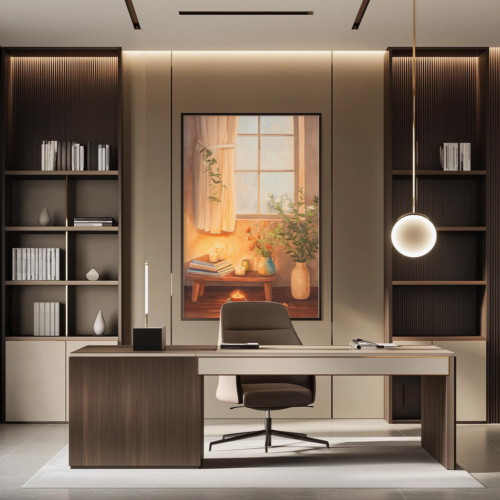 a modern and well-lit office space with a large window, wooden furniture, and a painting on the wall.