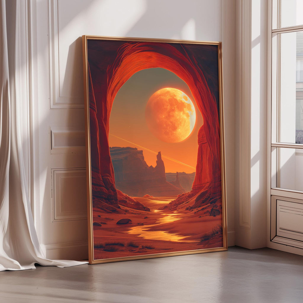a large, framed painting depicting a desert landscape with a large, bright orange moon in the sky.