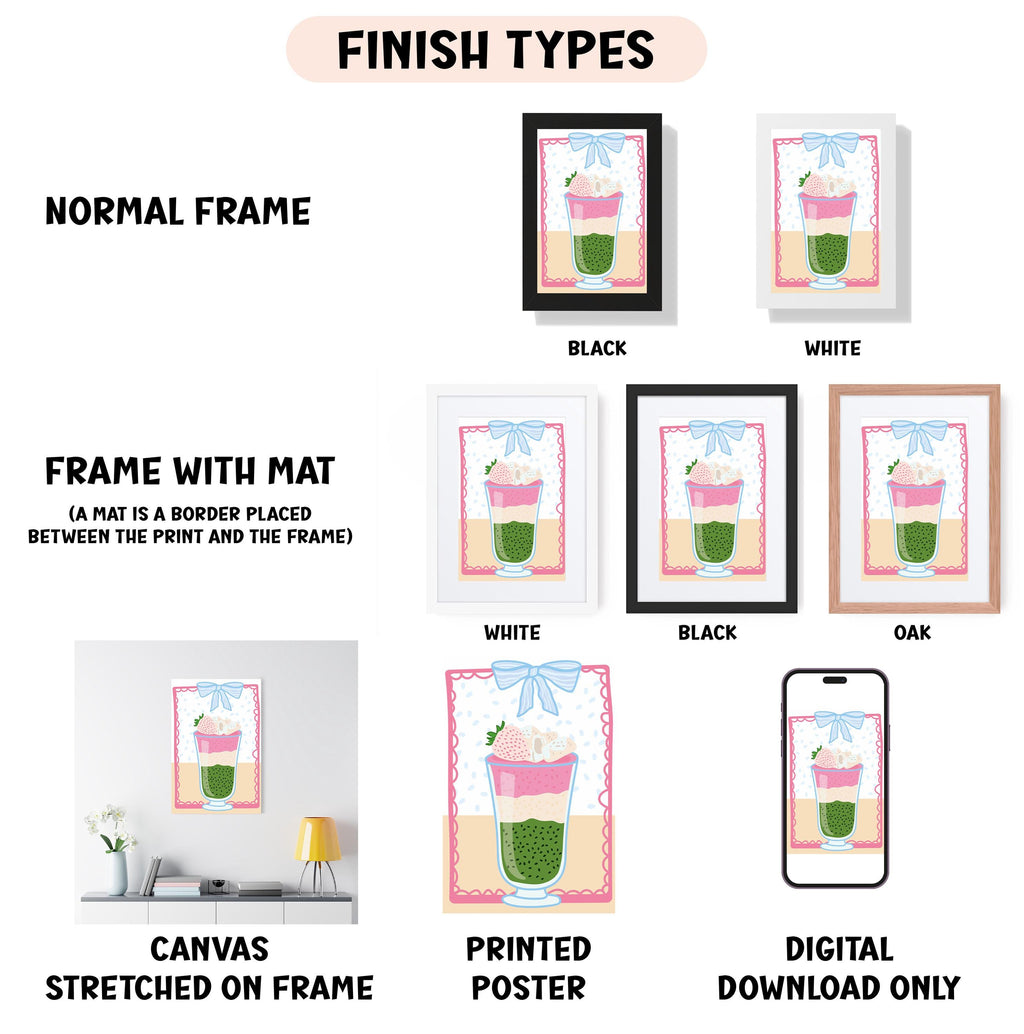 various finish types for artwork, including a normal frame, a frame with a mat, a white frame, a black frame, an oak frame, a white canvas stretched on a frame, a printed poster, and a digital download only.