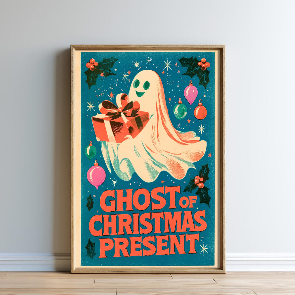 The image is a framed poster featuring a ghost character surrounded by Christmas decorations, including ornaments, holly leaves, and a gift.