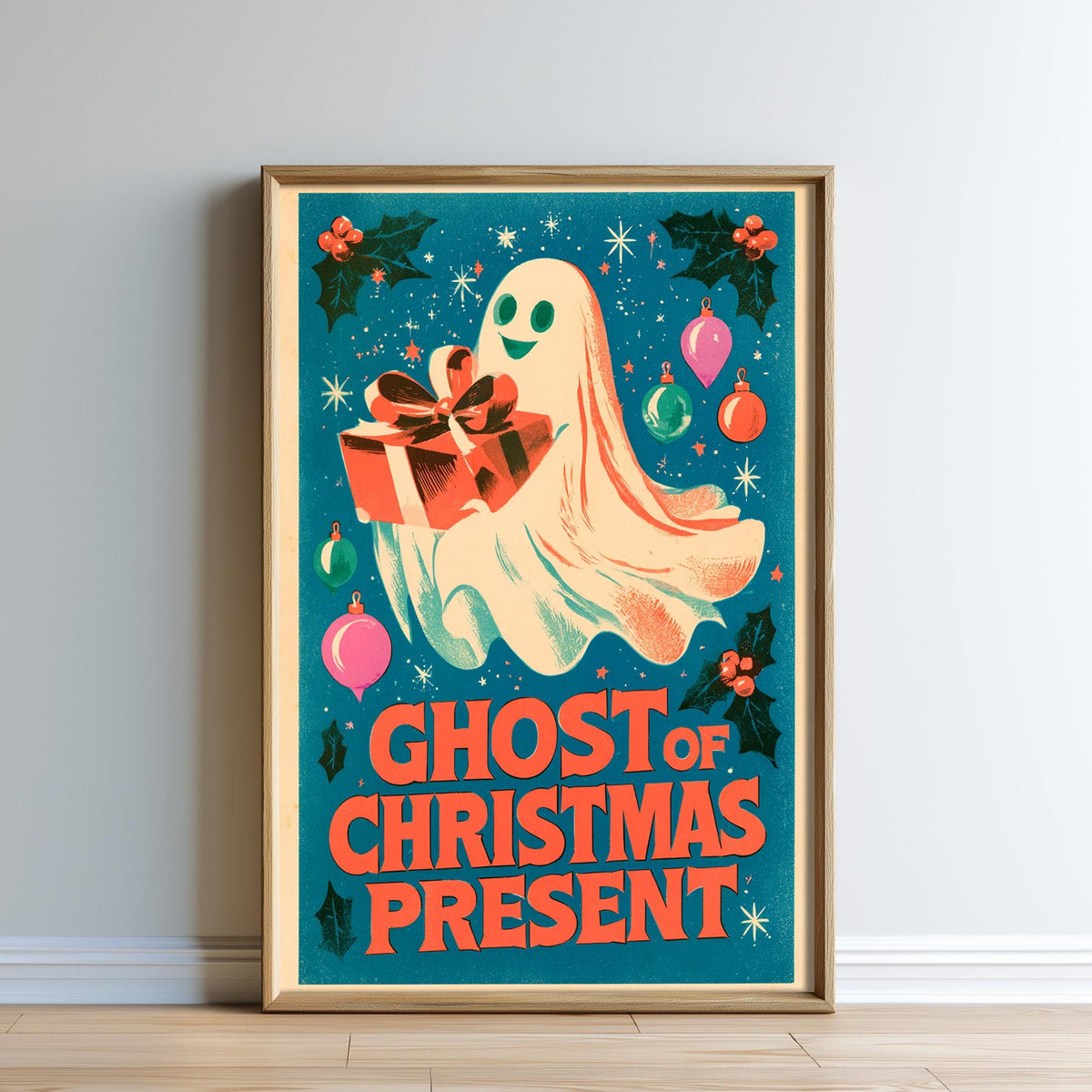 The image is a framed poster featuring a ghost character surrounded by Christmas decorations, including ornaments, holly leaves, and a gift.