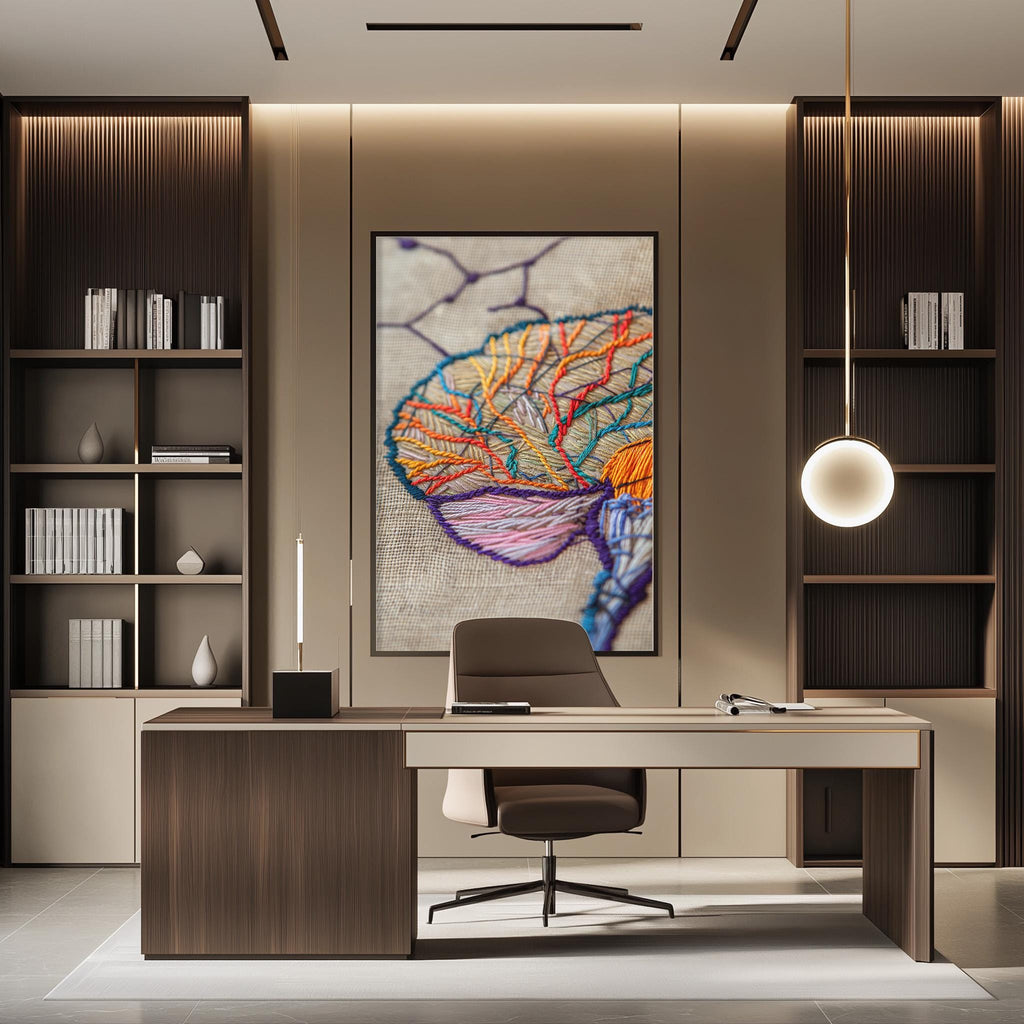 a modern and well-organized office space with a large, colorful abstract painting on the wall behind a desk.