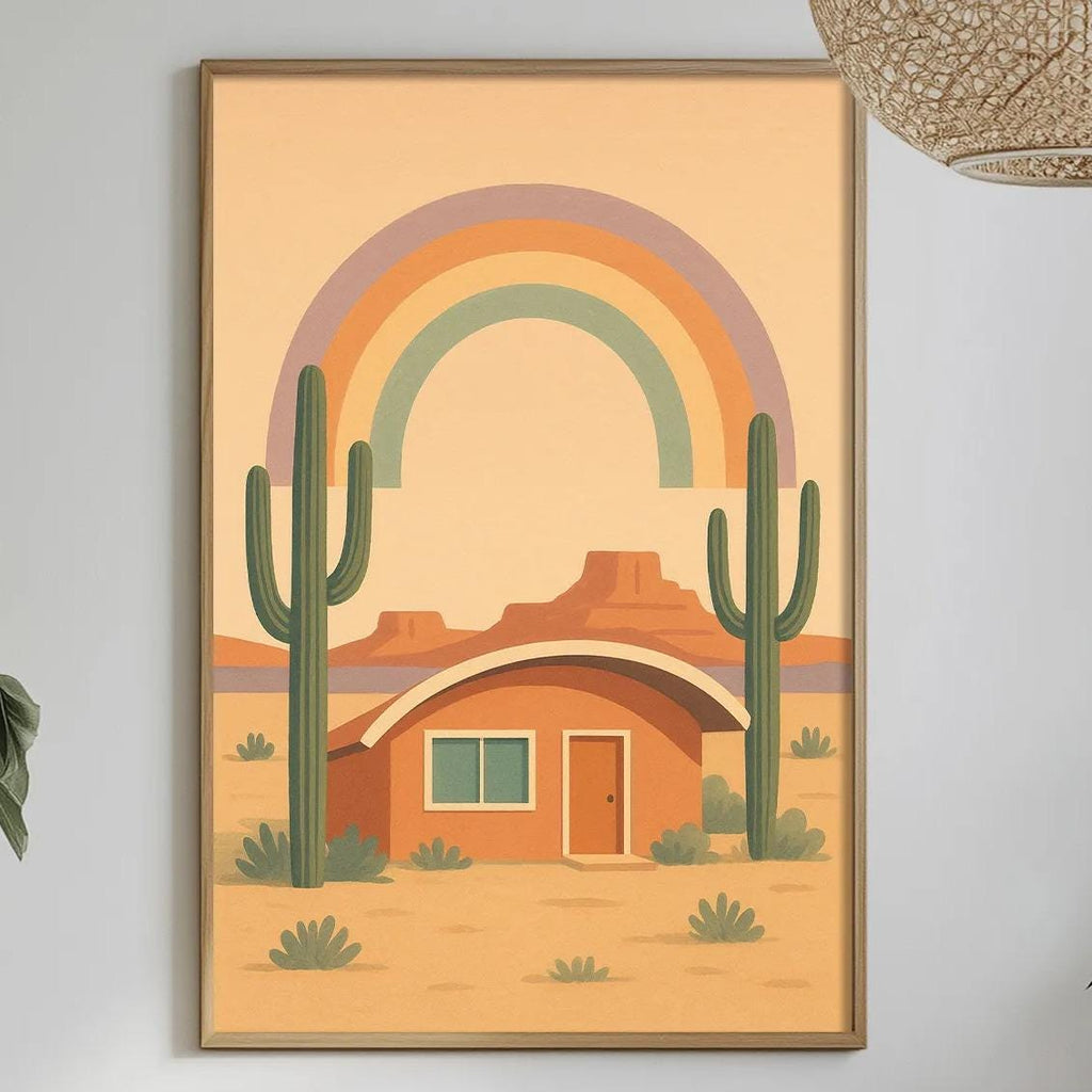 a desert-themed room with a framed picture of a desert house with a rainbow arching over it, a potted plant, a dining table with a bottle and a bowl, and a hanging light fixture.