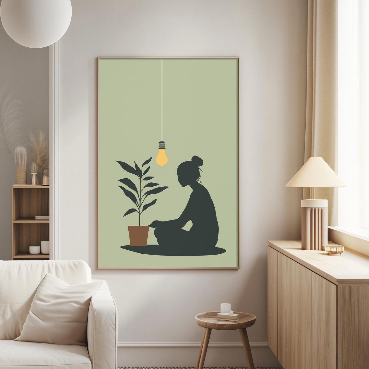 a living room with a large framed poster of a woman sitting in a potted plant on the wall, with a lamp and a small table nearby.