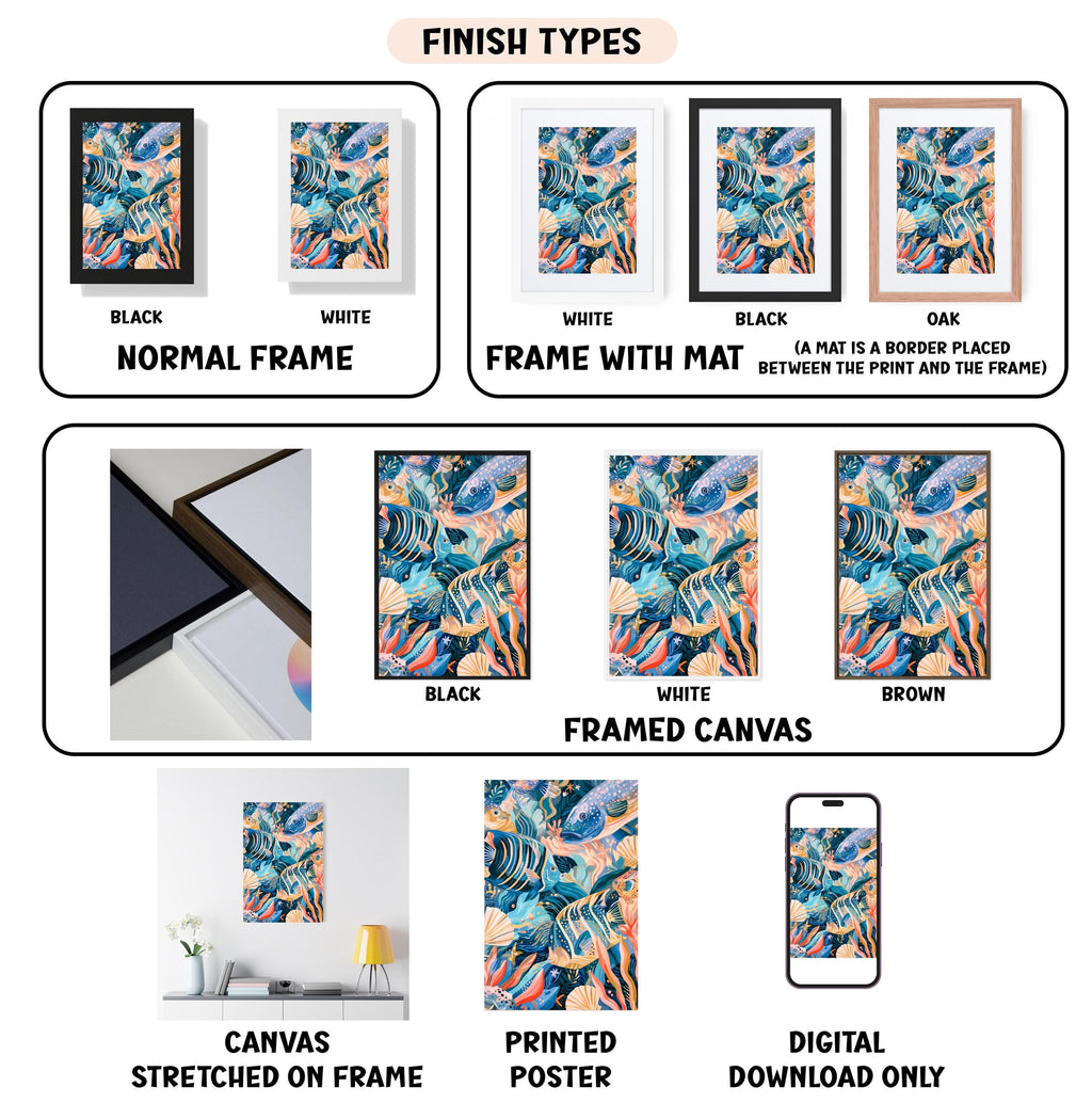 various types of artwork, including paintings, framed prints, and digital art, each with different finishes and frame styles.