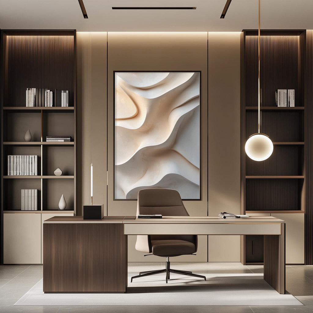 a modern and minimalist office space with a large abstract painting on the wall, a wooden desk with a chair, and built-in bookshelves.