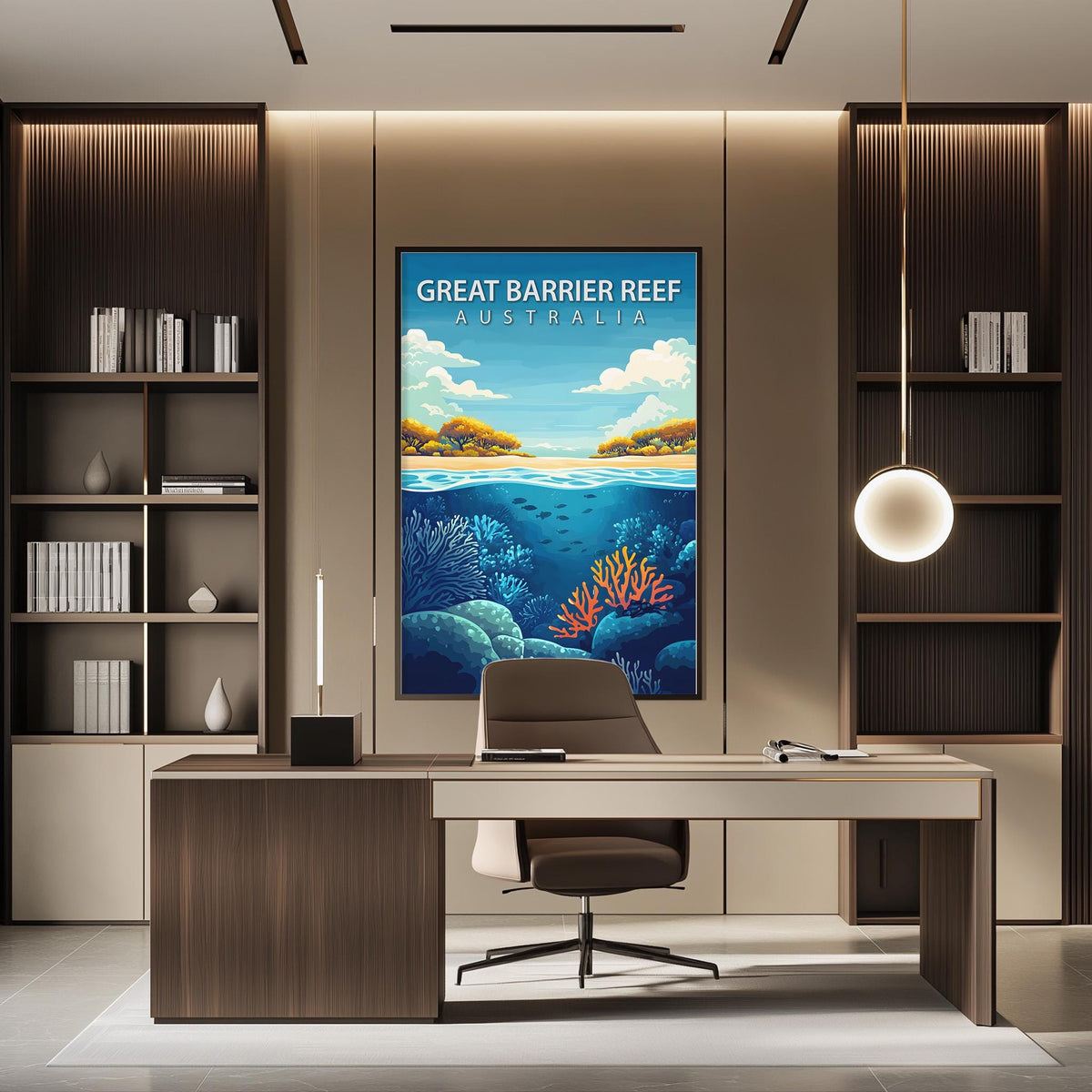 a modern office space with a large framed poster of the Great Barrier Reef in Australia hanging on the wall. The poster depicts a serene underwater scene with vibrant coral and marine life. The office has a sleek, contemporary design with a wooden desk, a comfortable-looking chair, and a pendant light above the desk.