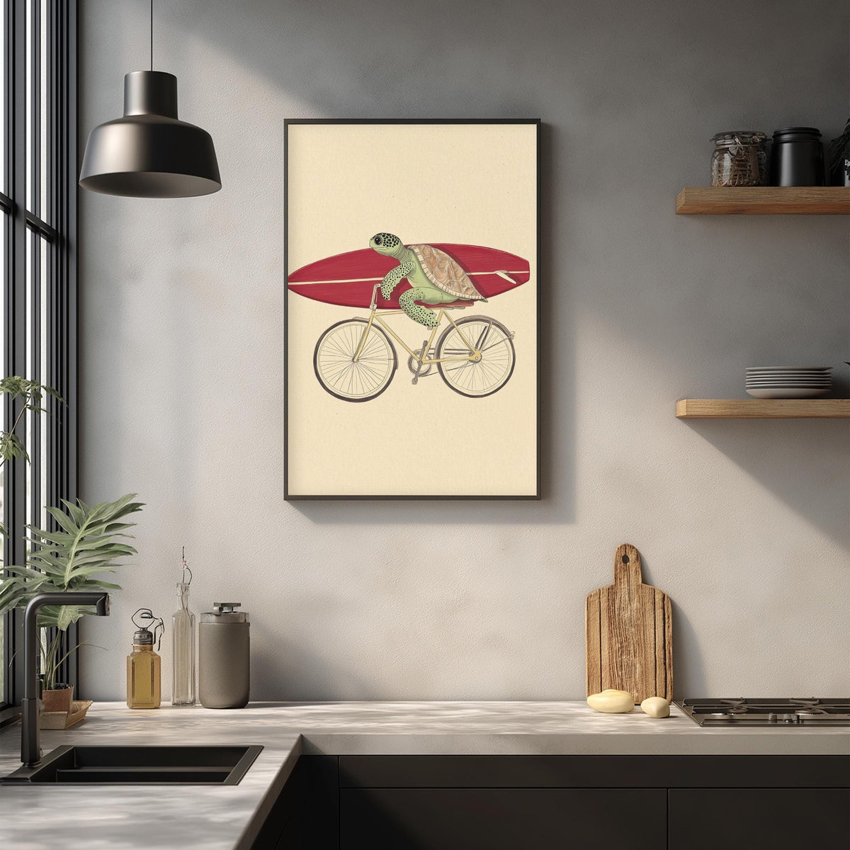a framed illustration of a turtle riding a bicycle, with a red surfboard attached to the back.