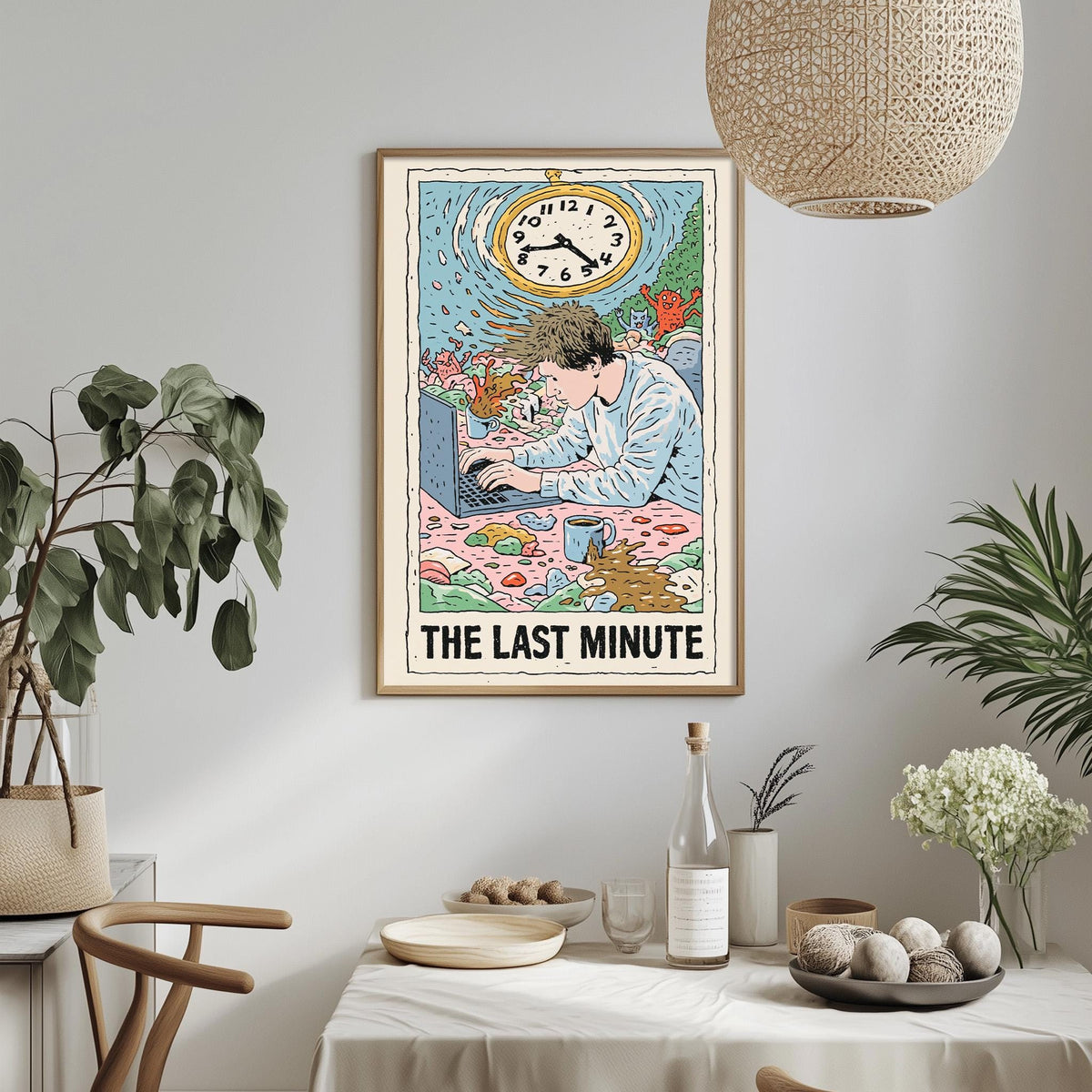 a framed illustration of a man sitting at a table with a clock on the wall above him, surrounded by various objects such as a bottle, a bowl, and a vase.