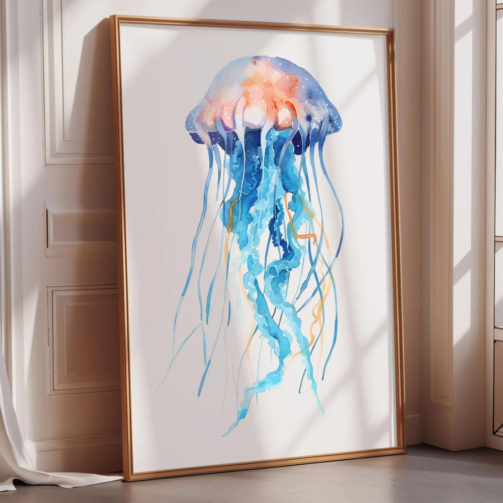 a large framed watercolor painting of a jellyfish with blue and orange tentacles.