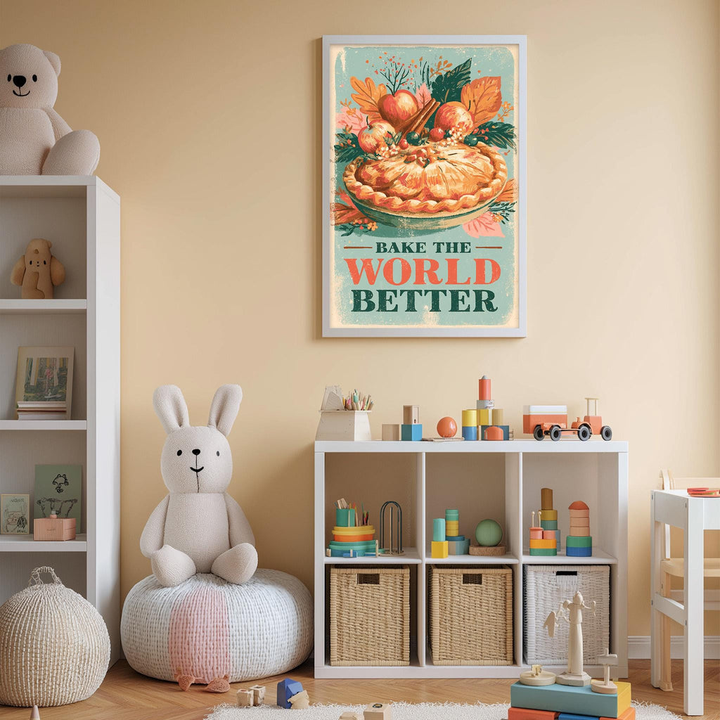 A child's bedroom with a white bookshelf, a stuffed rabbit, and a colorful poster on the wall that says "Bake the World Better".