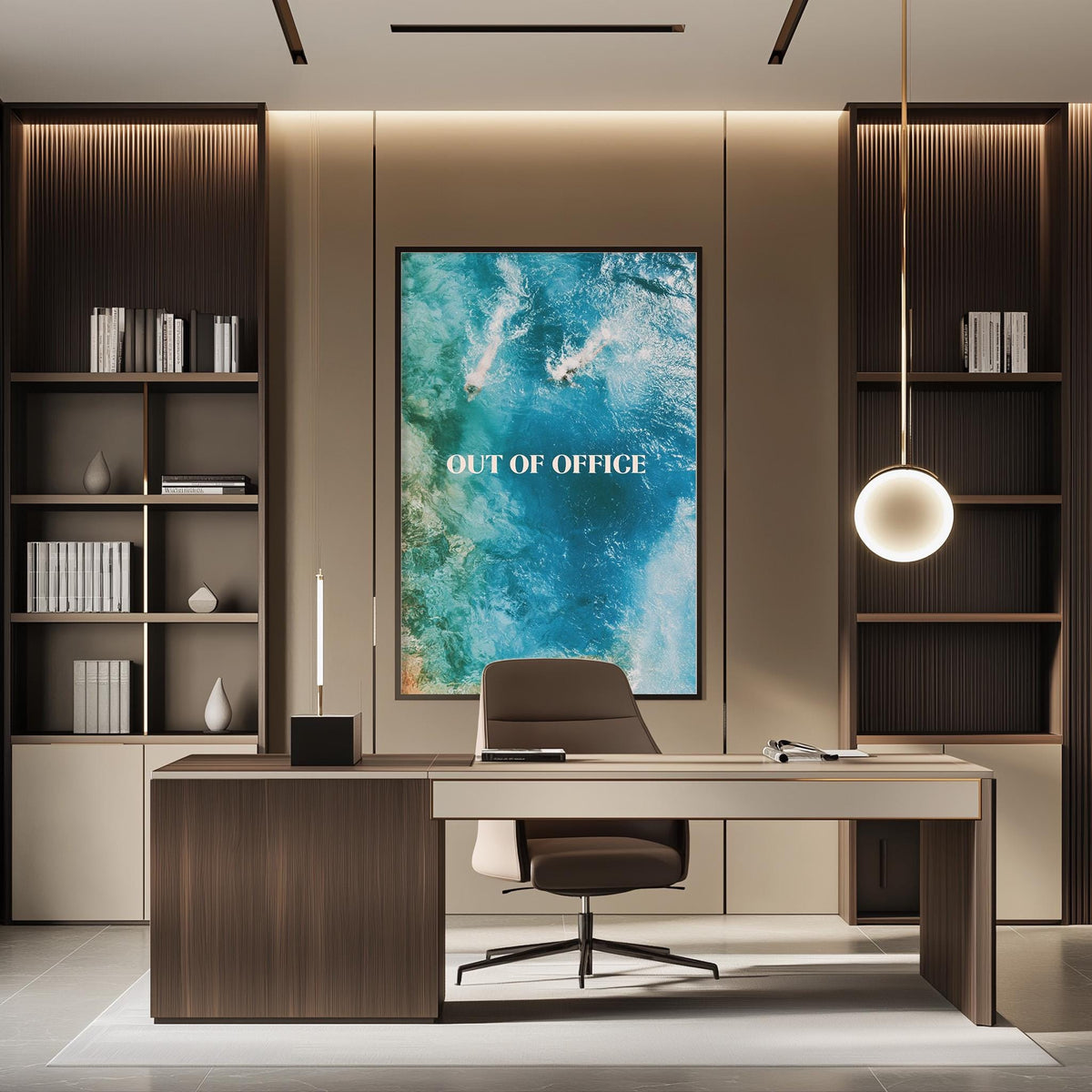 a modern and stylish office space with a large framed poster of a blue ocean scene on the wall, a wooden desk with a chair, and built-in bookshelves.
