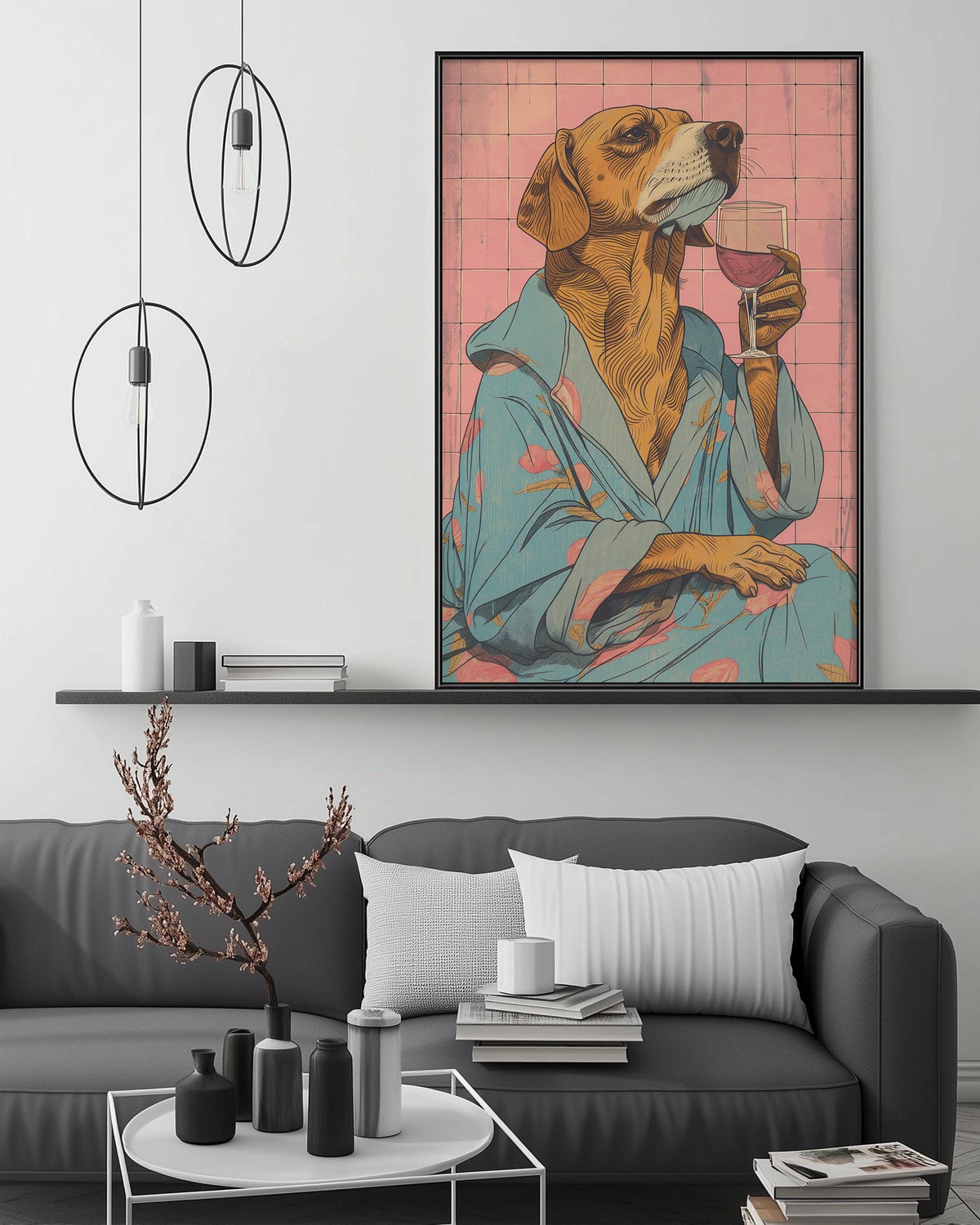 a large, colorful painting of a dog dressed in a robe and holding a glass of wine, hanging on a wall above a gray couch with a coffee table in front of it.