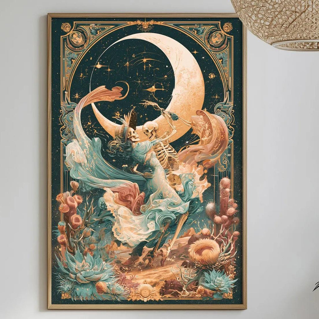a dining table with a white tablecloth, a bowl of fruit, a bottle, and a vase with flowers. Above the table, there is a framed painting depicting a woman with a crescent moon and stars in the night sky.