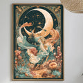 a dining table with a white tablecloth, a bowl of fruit, a bottle, and a vase with flowers. Above the table, there is a framed painting depicting a woman with a crescent moon and stars in the night sky.