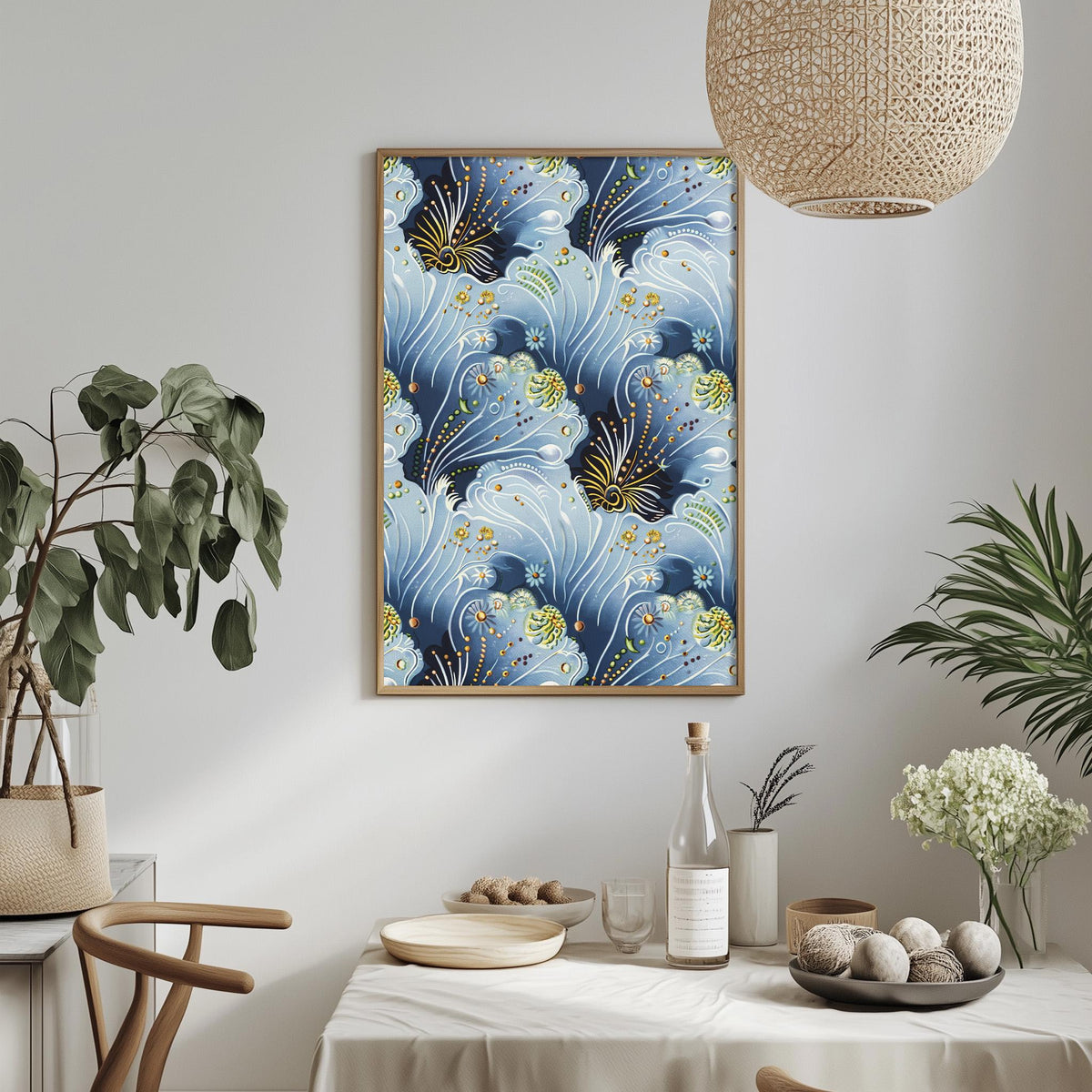 a dining room with a table set for a meal, a potted plant, a hanging light fixture, and a framed artwork on the wall.