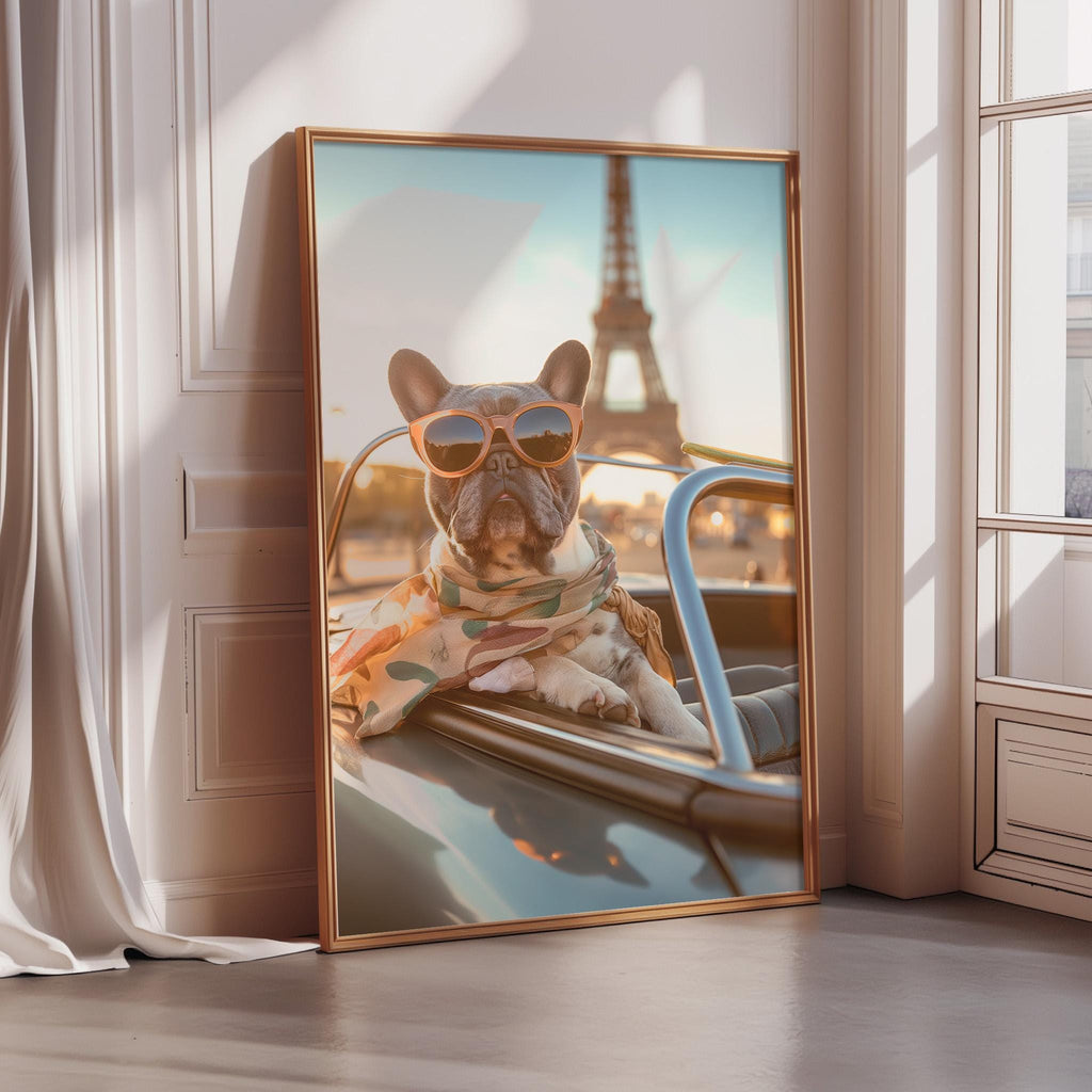 A French Bulldog wearing sunglasses is sitting in a car, with the Eiffel Tower visible in the background.
