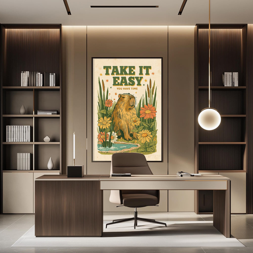 a modern office space with a large framed poster on the wall that says "TAKE IT EASY YOU HAVE TIME". The office has a wooden desk, a chair, and a bookshelf filled with books.