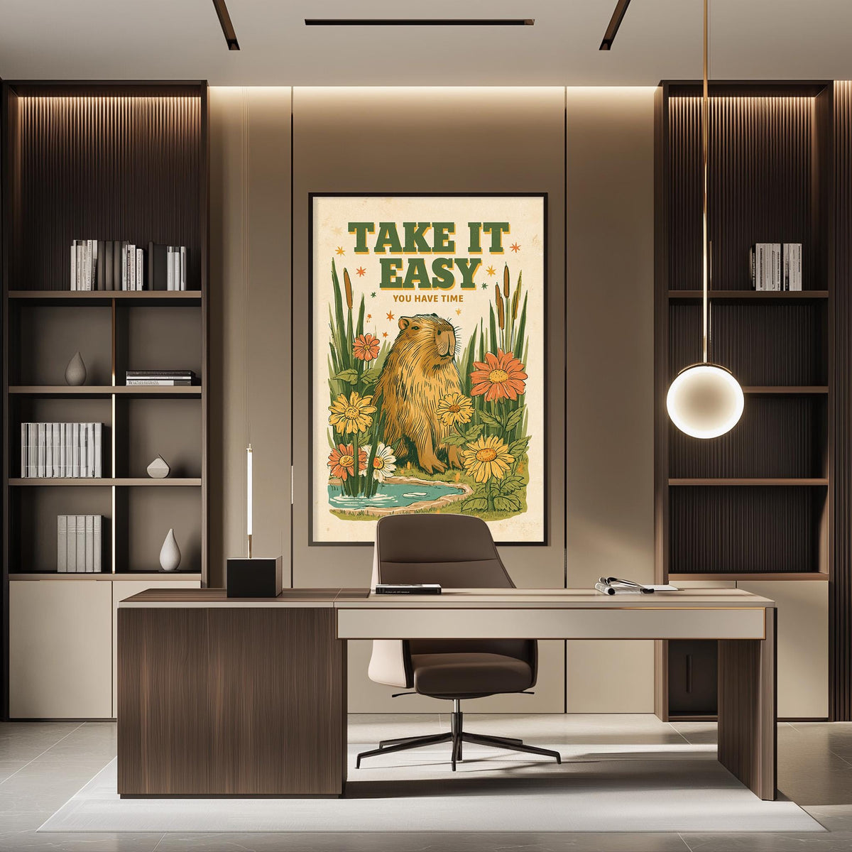 a modern office space with a large framed poster on the wall that says "TAKE IT EASY YOU HAVE TIME". The office has a wooden desk, a chair, and a bookshelf filled with books.