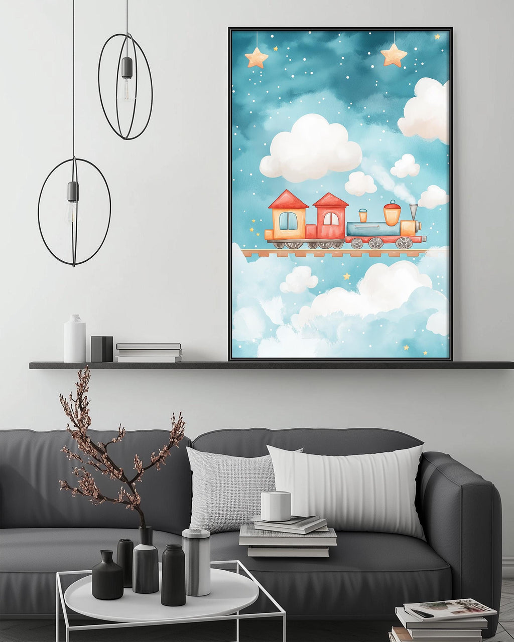 a cozy living room with a gray sofa, a coffee table, and a large framed picture of a train on a cloud-filled sky above it.
