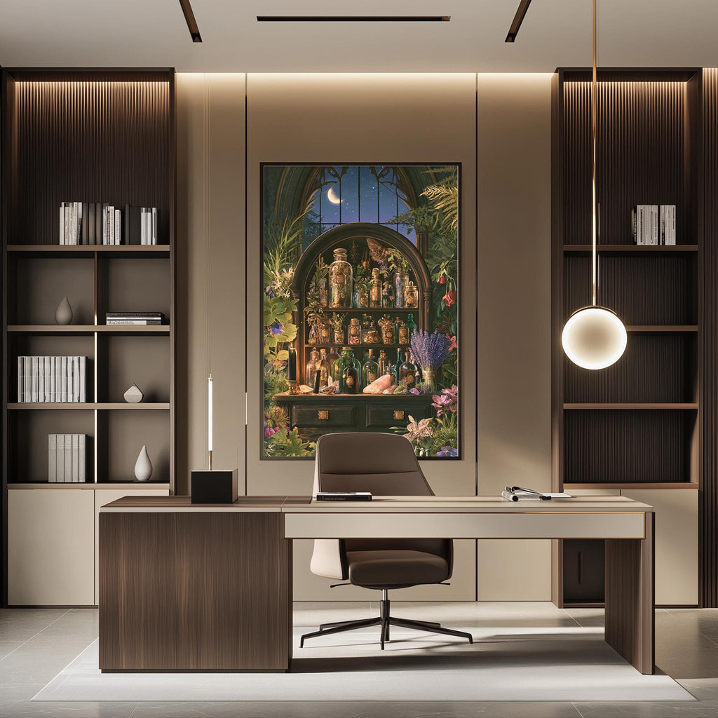 a modern and well-lit office space with a large painting of a garden scene on the wall. The office features a desk with a chair, bookshelves, and a pendant light, creating a comfortable and functional workspace.