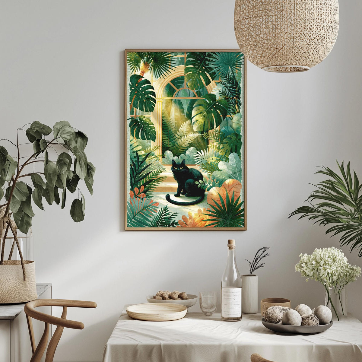 a framed painting of a black cat sitting on a tropical plant, surrounded by lush greenery and flowers, hanging on a wall above a dining table with various decorative items.