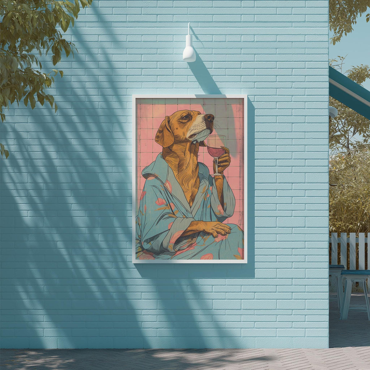 a dog wearing a blue robe and holding a drink, set against a blue brick wall.