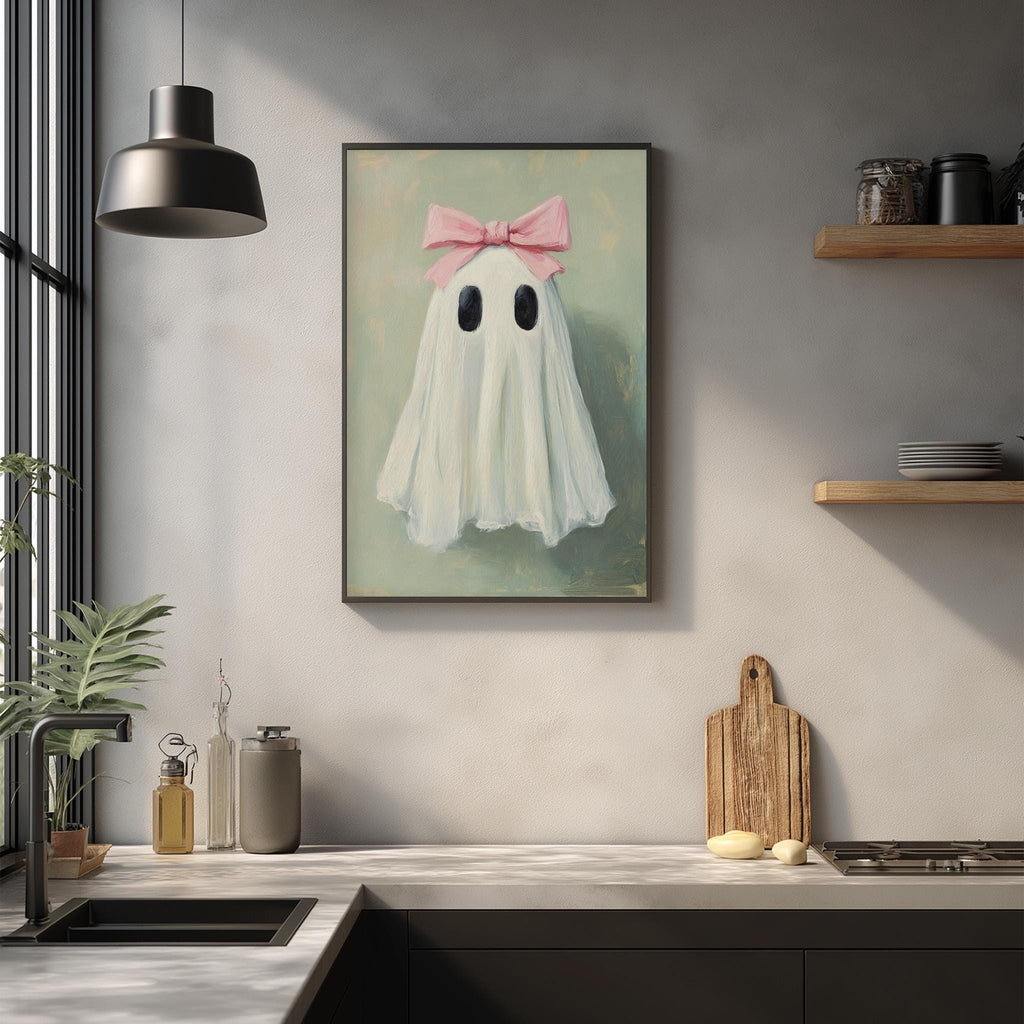 a kitchen counter with various items, including a framed painting of a ghost with a pink bow, a wooden cutting board, and a potted plant.