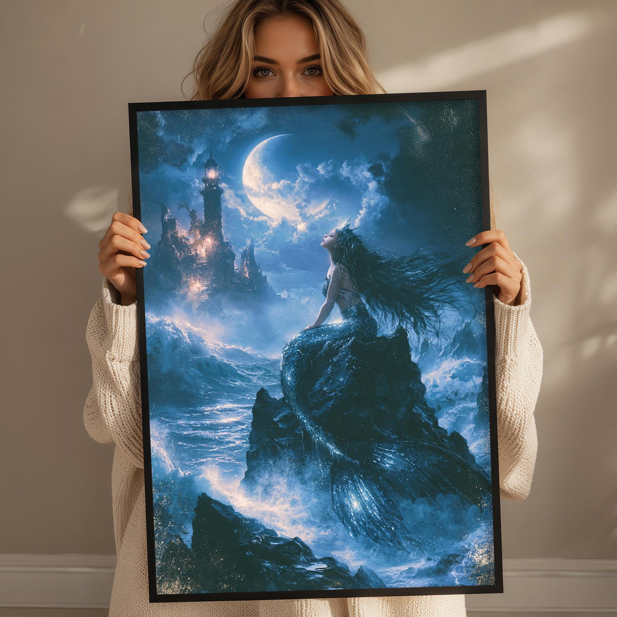 A woman holds up a framed painting depicting a mermaid with flowing hair and a crescent moon in a night sky.