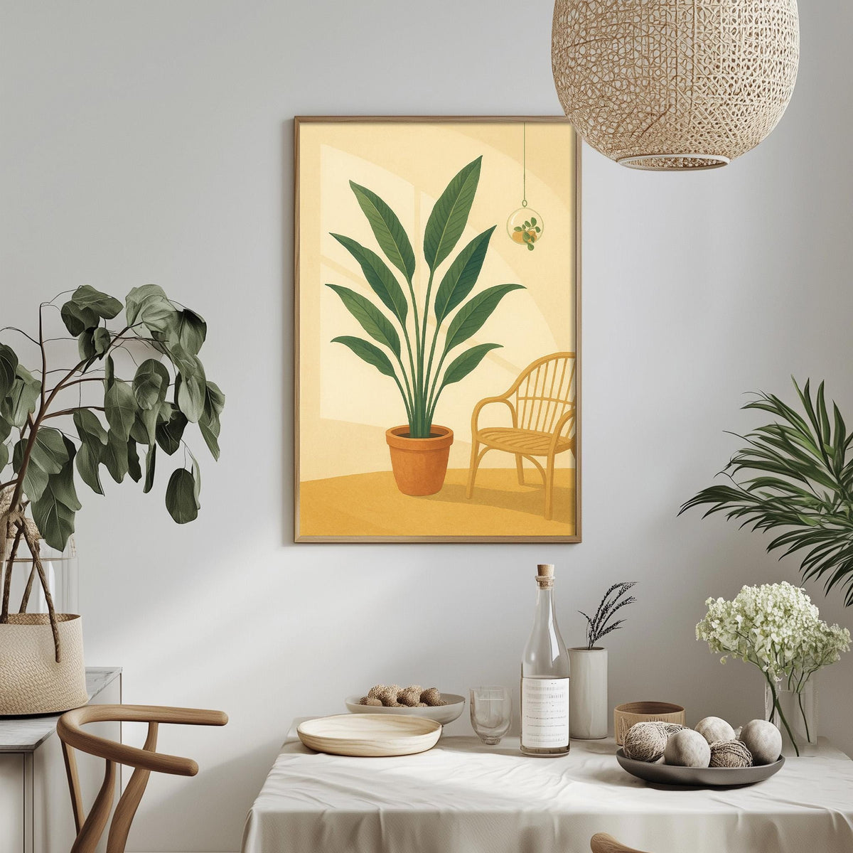 a cozy indoor setting with a large potted plant, a wooden chair, and a dining table with various decorative items such as a vase, a bowl, and a bottle.