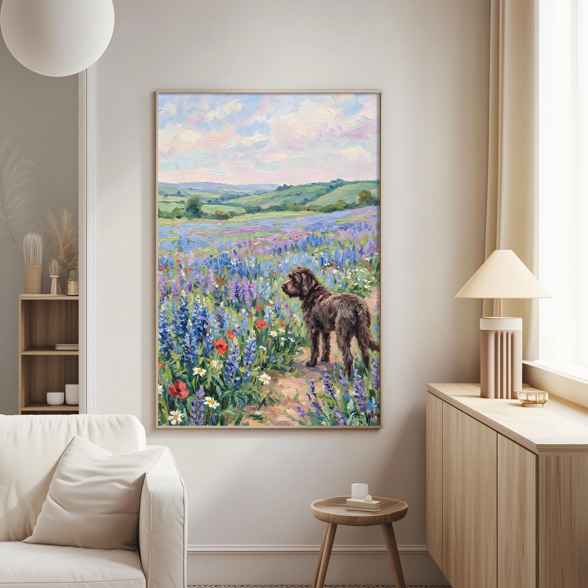 a large painting of a dog standing in a field of flowers, with a blue sky and clouds in the background.