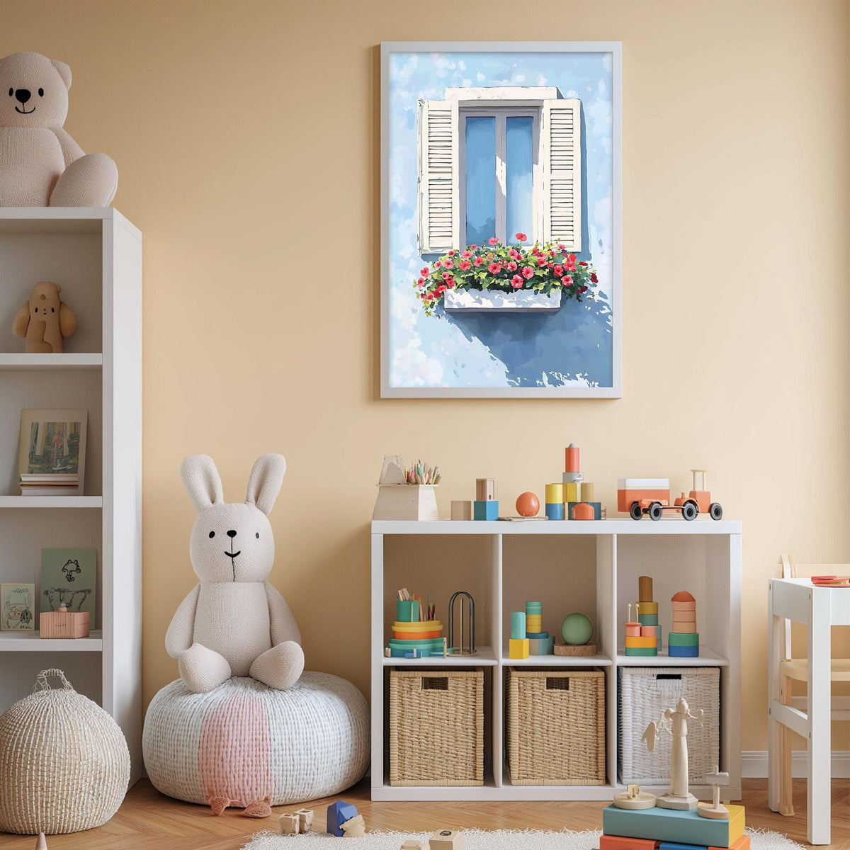 A cozy children's room with a white bookshelf, a plush rabbit, and a colorful toy box filled with toys. A framed picture of a window with flowers hangs on the wall, and a shelf holds various toys and books.