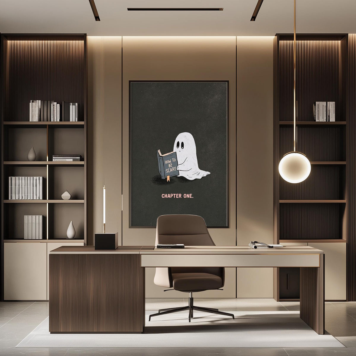 a modern office space with a desk, chair, and bookshelves. There is a large poster or artwork of a ghost holding a book in the background, and a lamp is hanging from the ceiling.